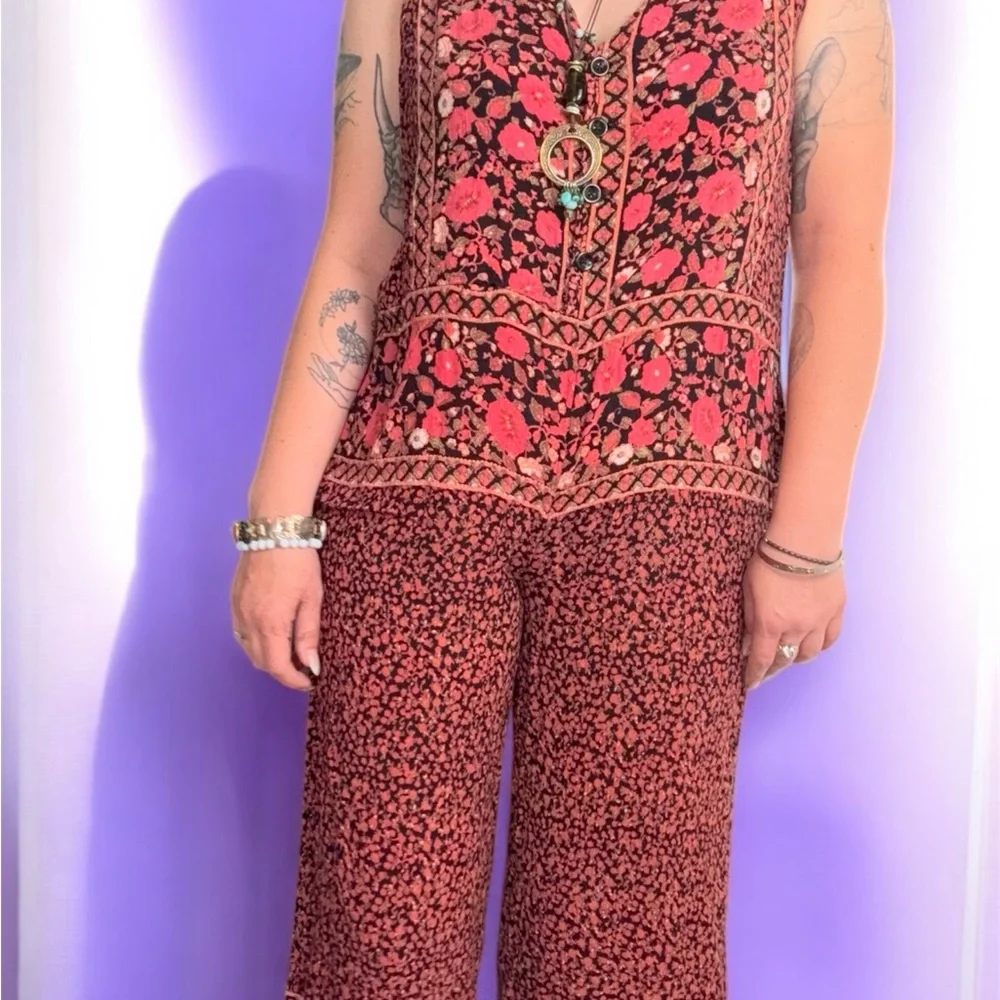 Free People Red Boho Pattern Jumpsuit with V-Neckline and Relaxed Fit Open Back - Picture 5 of 12